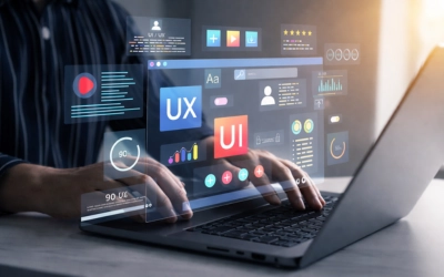 Webdesign-Arbeit am Laptop mit eingeblendeten UX- und UI-Elementen