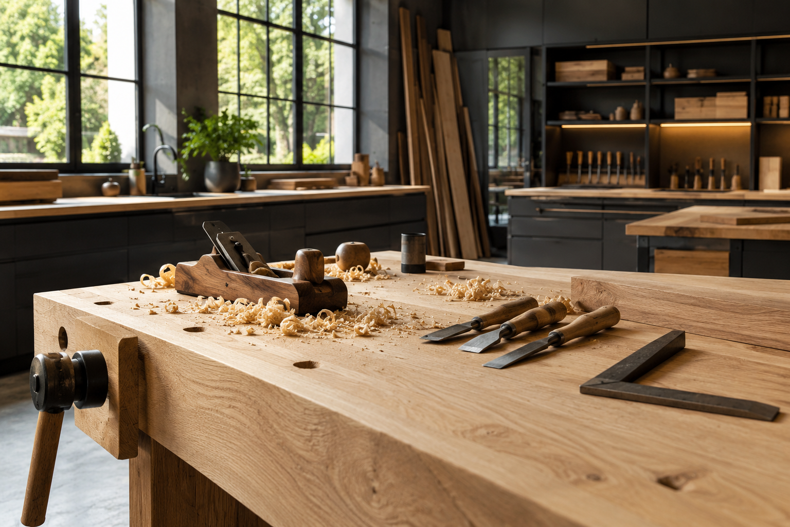 Lichtdurchflutete Holzwerkstatt mit einer Werkbank aus Eiche